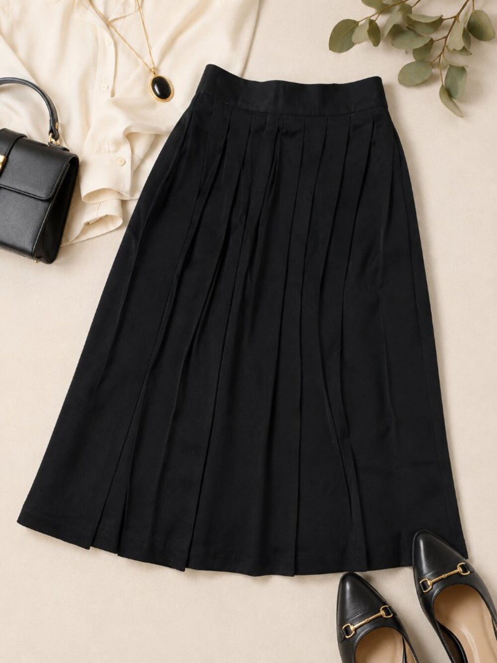 Vintage Fundamental Things Petites Black Pleated Midi Skirt Size 6 USA Made